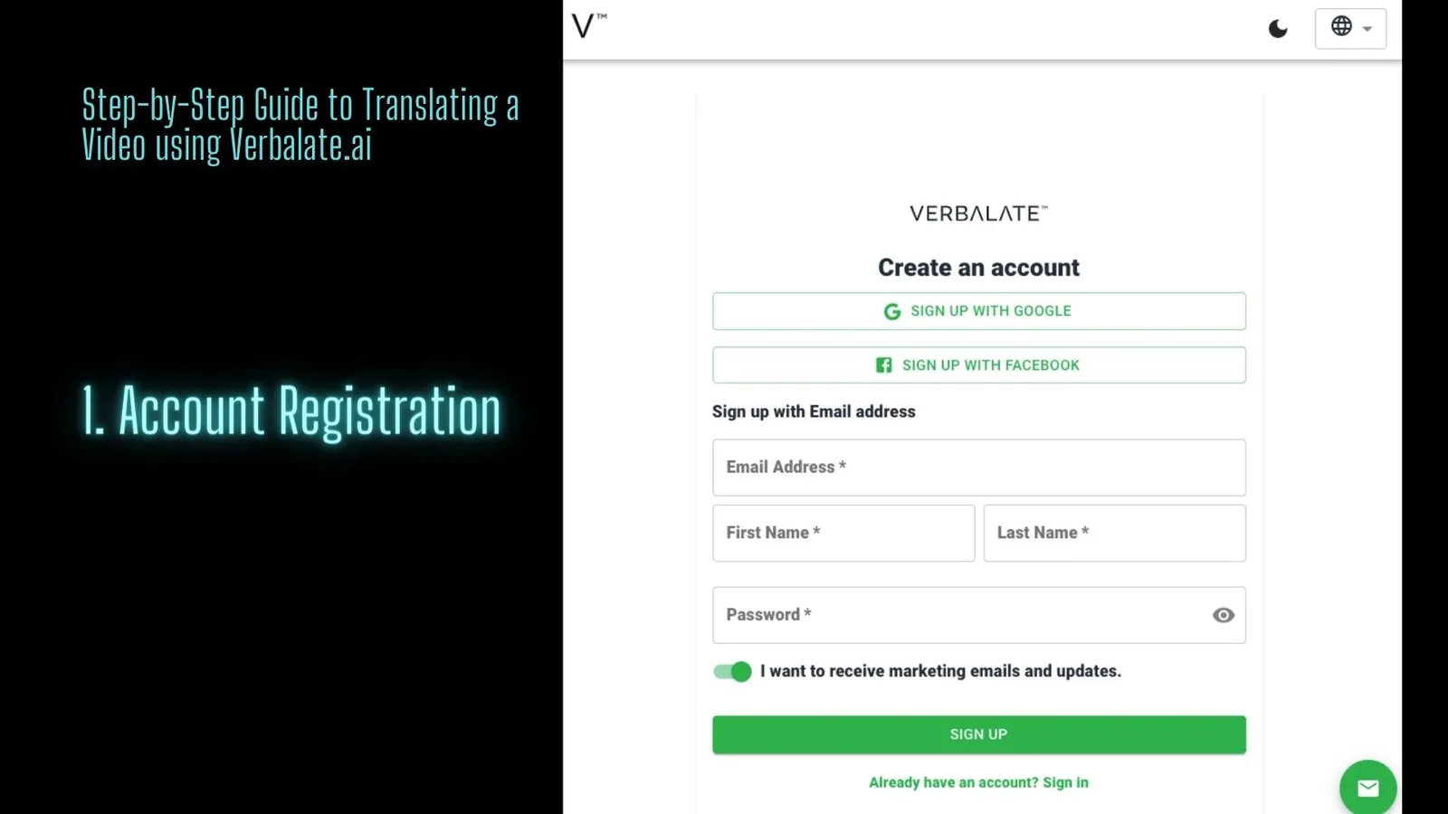 Verbalate.ai Account Registration | ToAsia.biz